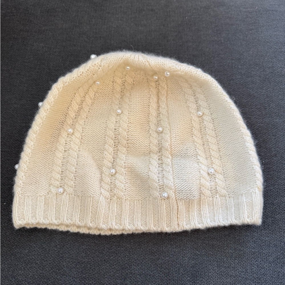 Forte Cashmere cream 100% cashmere faux pearl embellished‎ knit women beanie hat